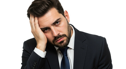 Fototapeta premium Man in suit with hand on head looking stressed and tired against a white background in studio shot