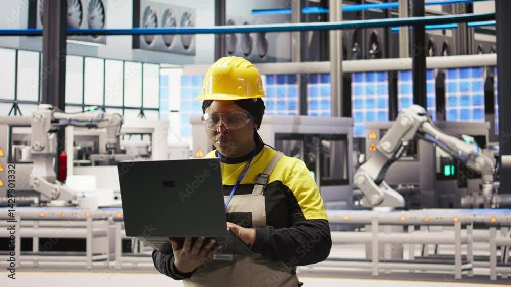Poster smart factory engineer using laptop to implement automated workflows and control systems, computeriz