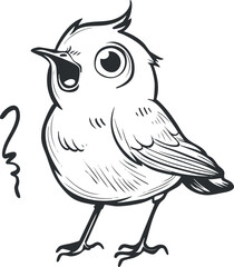 A cute cartoon bird singing with a whimsical expression in a black and white illustration.