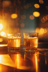 Close-up of craft beer flight glasses on a bar counter, glowing under soft golden lighting, capturing foam details and beer hues,