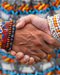 Close-up of handshake between diverse participants, symbolic items of indigenous culture in view,