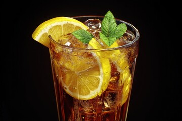Fototapeta premium Refreshing iced tea with lemon slices and mint leaves against a dark background.