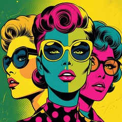 Trendy comic-style portrait featuring three vibrant female figures with dramatic shades, confident poses and iconic 1950s flair in a graphic retro-inspired artwork.


