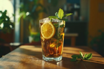 Refreshing iced tea with lemon and mint, served in a clear glass, on a wooden table in a bright, cheerful setting.
