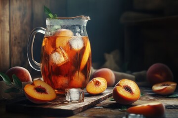Refreshing iced peach tea in a glass pitcher surrounded by fresh peaches and ice cubes.