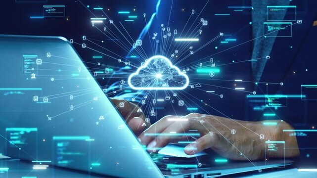 Close-up of hands typing on a laptop with a glowing cloud icon and digital data flow symbols representing cloud computing technology. - Powered by Adobe