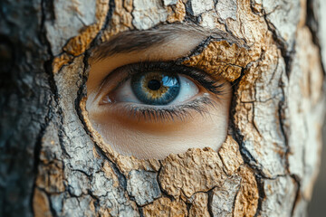 Close-up of tree with blue eye, mystical and captivating, nature and mystery intertwined in a single frame.