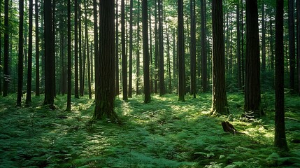 Obraz premium Sunlight filters through a dense forest of tall trees.