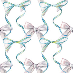 Watercolor seamless pattern with silver and blue satin ribbon bow on white background. Art for decorative gift or your design. Hand-drawn florist wallpaper or wrapping. Wedding celebration invite