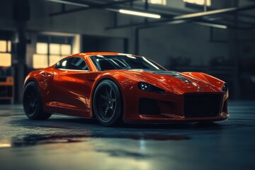 Sleek orange sports car with a streamlined design, showcasing dynamic curves in a modern garage.