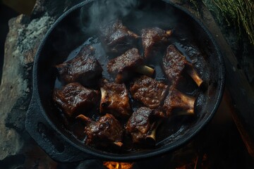 Deliciously cooked tender beef ribs in a cast iron pot, exuding smoky flavors and rich textures.