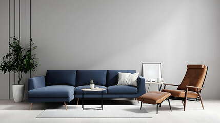 Modern Living Room With Blue Sectional Sofa And Brown Leather Chair