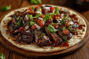 Delicious grilled lamb wrap topped with fresh herbs and vibrant tomatoes.
