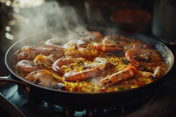 Fototapeta premium A delicious seafood paella featuring succulent shrimp and vibrant colors in a steaming skillet.