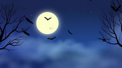 Halloween background animation with the concept of blue sky, moon, fog, flying bats - Powered by Adobe