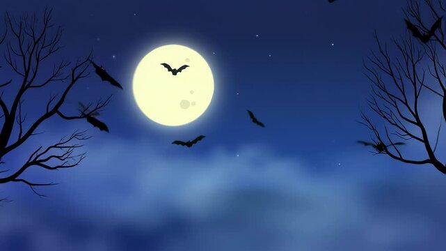 Halloween background animation with the concept of blue sky, moon, fog, flying bats - Powered by Adobe