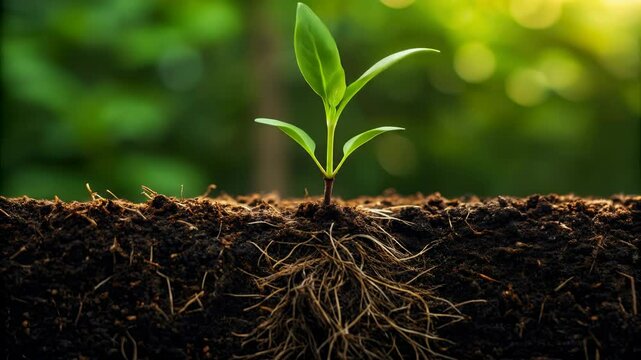 Food waste reduction concept. Small plant with roots emerging from dark soil against a blurred green background.