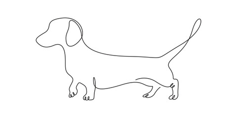 One continuous line drawing of cute dachshund dog. Dachshund dog for logo identity. Purebred dog mascot concept for pedigree friendly pet icon. Modern single line drawn vector illustration