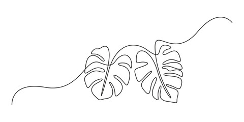 Monstera leaf continuous single line drawing and leaf icon. Isolated flat vector illustration