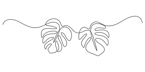 Monstera leaf continuous single line drawing and leaf icon. Isolated flat vector illustration