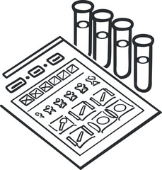 Illustration of test tubes and a laboratory results sheet used for scientific research and analysis.