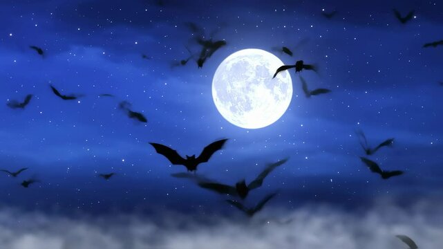 Halloween background animation with the concept of blue sky, moon, fog, flying bats