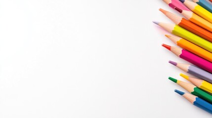 Colorful pencils arranged in a neat row on a white background, showcasing vibrant hues and creative potential, and close-up composition.