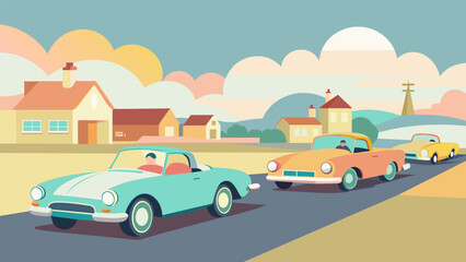 A group of vintage roadsters in shades of pastel blue yellow and pink zoom past a small town drawing the attention of onlookers.. Vector illustration