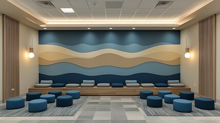Quiet meditation room mural combine modern business pattern calming element Abstract wave soft geometric shape create serene atmosphere providing mental break space where employee can reflect strategy