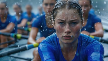 Determined female rowers in blue, faces etched with sweat, power through rain toward the camera in open water race.
