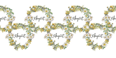 Watercolor seamless border with circle frame with wildflower. Wreath of flower chamomile and tansy on white background. Banner template with lettering August for calendar. Rim wrapping or wallpaper