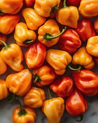 A vibrant array of yellow and red bell peppers, showcasing their glossy skin and fresh appearance.