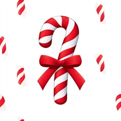 Festive candy cane crossed with red ribbon on white background