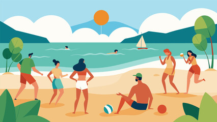 As the temperature rises a group of beach lovers cool off in the water while still incorporating a game of petanque into their day at the beach.. Vector illustration