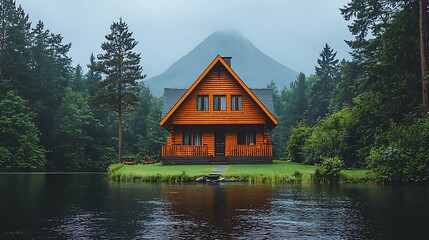 Obraz premium Serene Lakeside Log Cabin in Mountainous Region