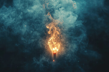 Single burning candle in dark room, casting warm glow amidst shadows, illuminating small area around it, creating cozy ambiance.