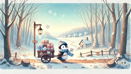 A small penguin mail carrier embarks on a whimsical journey through a thawing forest path, delivering glowing packages and letters under a gentle pastel spring sky
