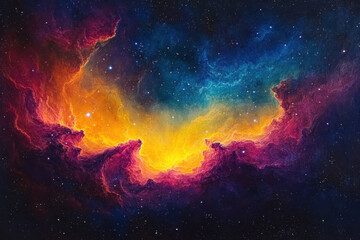 Fototapeta premium Colorful nebula swirling with vibrant hues of pink, purple, and blue, showcasing a celestial dance of light and gas in the vast expanse of space.