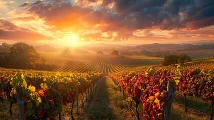 Fototapeta premium A sprawling vineyard at harvest time, rows of ripe grapes against a golden sunset sky, peaceful rural scene, rich colors,