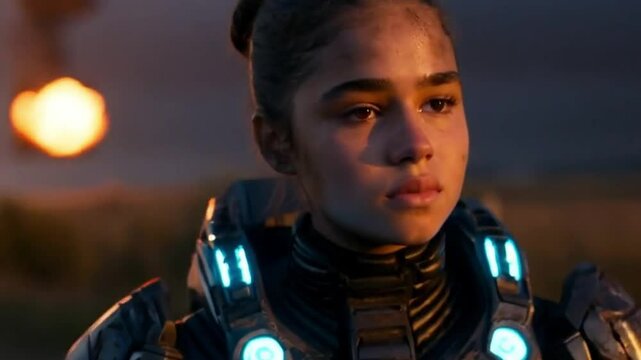 Young Female Sci Fi Soldier in High Tech Armored Suit with Glowing Blue Lights Standing Against Sunset During War Aftermath