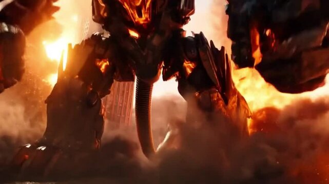 Gigantic Mech Monster Destroying Futuristic City Amid Explosions and Skyscraper Collapse During Apocalyptic Battle Scene