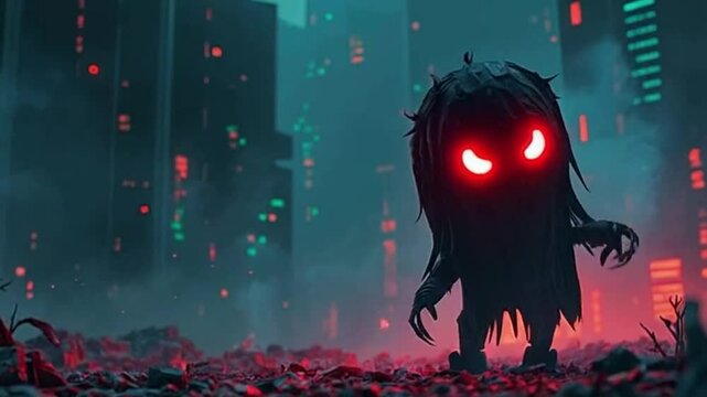 Dark Alien Creature with Glowing Red Eyes Standing Menacingly Amidst Neon-Lit Post-Apocalyptic City Ruins at Night