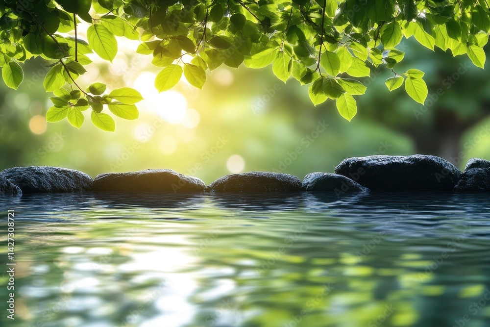 Poster tranquil water reflection enhances serene garden atmosphere with lush foliage and sunlight casting g