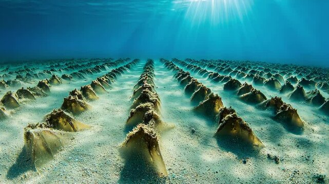 Underwater farm, seaweed rows, ocean cultivation, conservation, seabed farming.