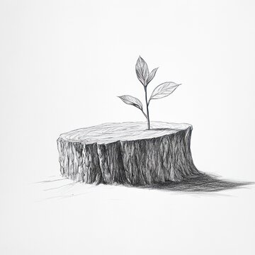 A pencil drawn illustration of a tree stump and leaves