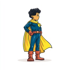 Superhero kid in comic outfit on white background
