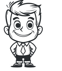 A cheerful cartoon boy character smiling with a playful expression and dressed in a formal shirt and tie.