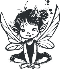 A cute illustration of a fairy character with wings sitting playfully in a whimsical style.