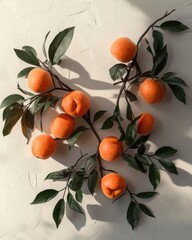 Fresh peaches arranged with green leaves on a textured cream background create a vibrant, inviting display.