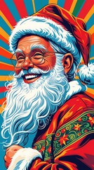 Colorful illustration of a joyful Santa Claus with a radiant background, ideal for Christmas themes, holiday promotions, greeting cards, or festive advertising visuals
